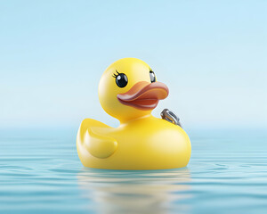 Yellow rubber duck floating on calm blue water