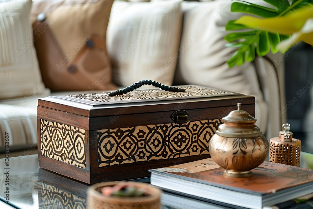 Poster a stylish decorative box with an intricate pattern used to store small trinkets on a coffee table