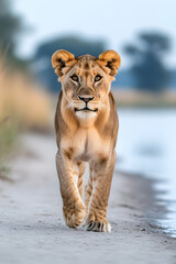 Obraz premium Young lioness walking towards the camera on a sandy path near water