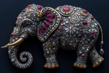 Obraz premium Decorative elephant statuette with ornate gemstone designs and vibrant floral patterns