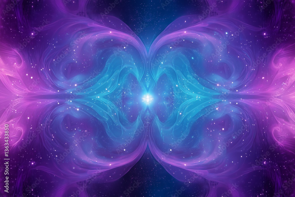 Poster mystical blue and purple abstract background with starry elements and swirling patterns. symmetrical
