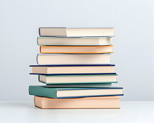 Stack of colorful hardcover books on white surface against a light gray background