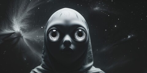 Mysterious Alien Figure with Big Eyes in Dark Space Background