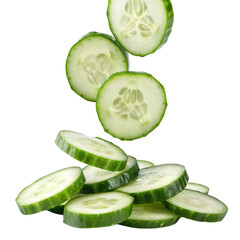 Fresh cucumber slices falling transparent background