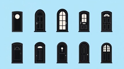 Ten black doors in different styles against a light blue background. Stock photo use