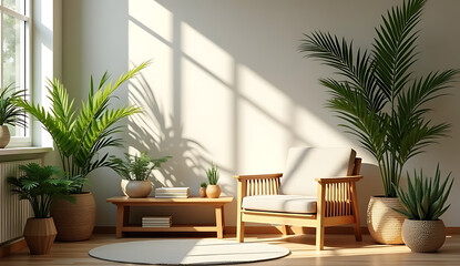 Obraz premium Cozy Chic Corner with Wooden Furniture and Greenery