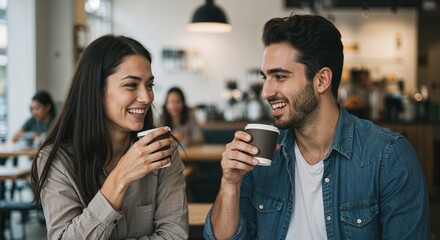 Happy couple enjoying coffee together while smiling at each other in a cafe