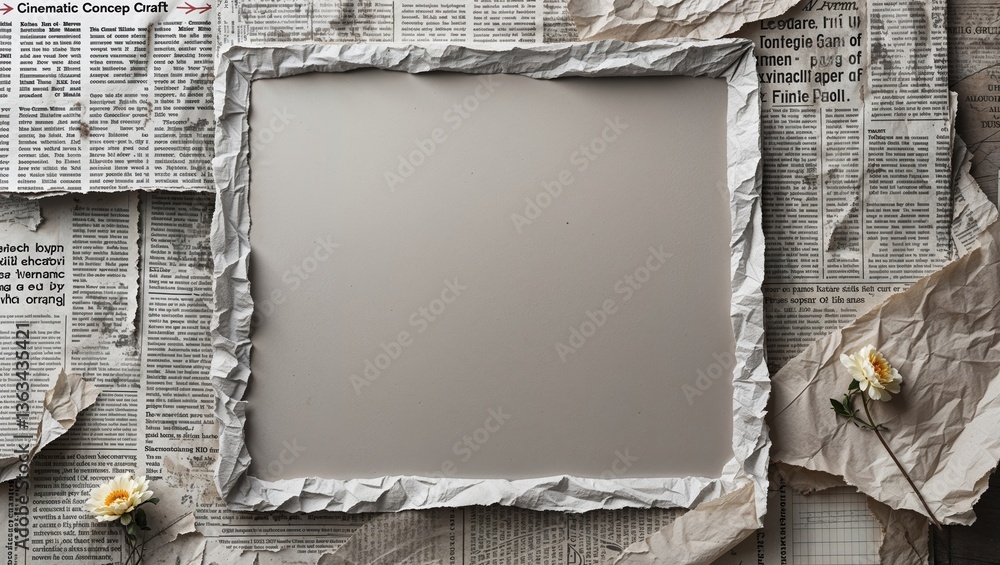 Poster creative workspace with crumpled paper and delicate flowers arranged around a blank frame on texture