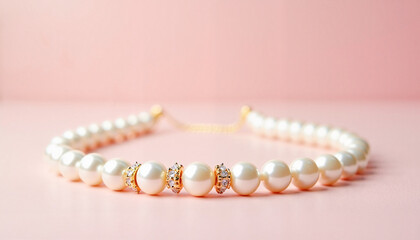 Elegant pearl necklace on a soft pink background  