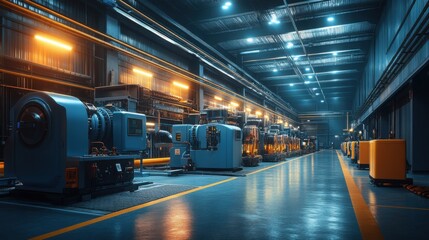 Obraz premium Industrial factory interior with advanced machinery and illuminated ceiling fixtures