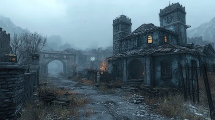 Misty abandoned medieval village with stone buildings and arched gate