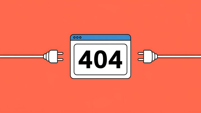 404 error message in a window icon with unplugged power cords on a red background.