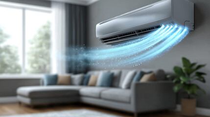 Air conditioner blowing cool air in a modern living room with a grey sofa and large window.