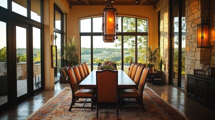 Elegant dining room with rustic decor and large windows overlooking scenic view