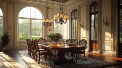 Obraz premium Elegant sunlit dining room with wooden table and chandelier lighting