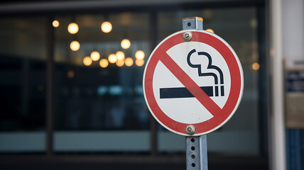Circular red and white no smoking sign displayed outdoors with a blurred building background.
