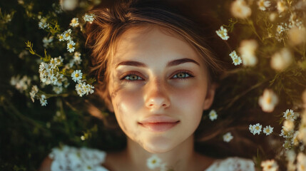 Fototapeta premium A woman lies among blooming flowers, emphasizing her effortless beauty and tranquility. Warm light enhances the peaceful atmosphere of this outdoor moment.