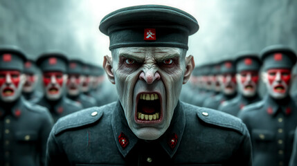 Undying military commander barking orders to rows of obedient soldiers