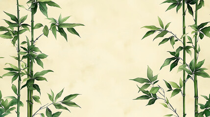 Fototapeta premium Green bamboo stalks and leaves frame a soft textured beige background.