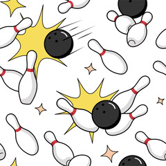 Bowling, skittles seamless pattern, background in a comic, cartoon style