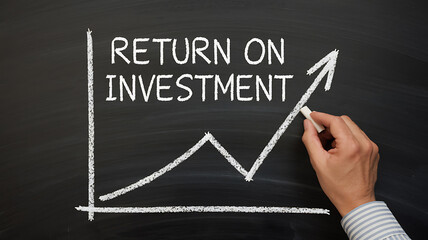 Hand drawing a Return on Investment (ROI) graph with upward trend on a chalkboard using chalk.