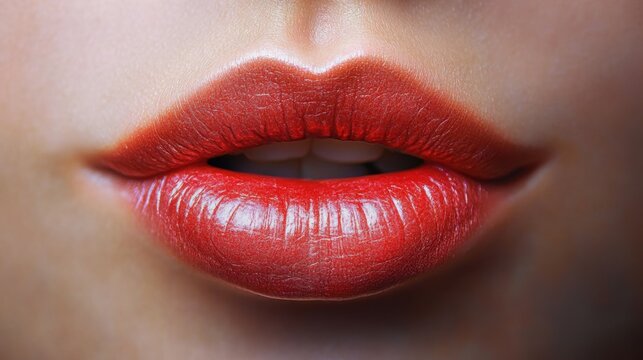 Close-up of female lips with red lipstick and smooth skin texture