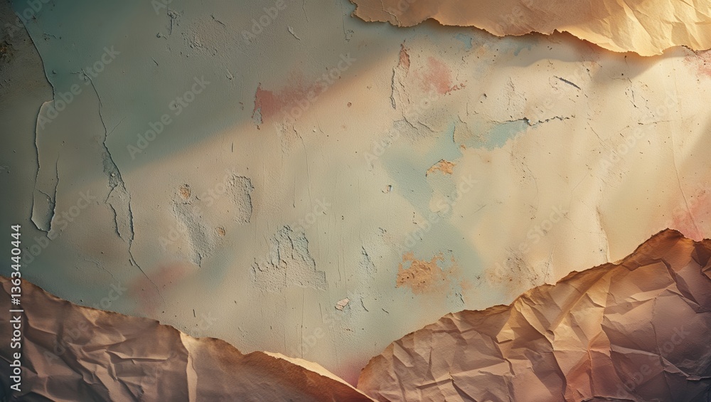 Poster rustic textured wall with crumpled paper showing layers and patterns in natural light during the aft