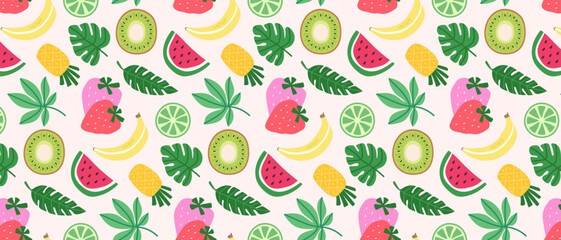 Seamless pattern of colorful fruits, berries and tropical leaves. Summer print with hand drawn fruits. © Katerina