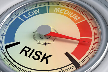 Risk assessment gauge showing an upward trend with the needle pointing toward the medium section set against a shiny metallic background.