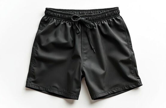 Black sport shorts with drawstring on white background. Minimal design for training, running. Modern fashion style for men wardrobe. Product for active lifestyle, sportswear. Isolated view for mockup