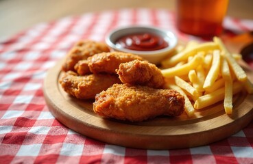 Crispy fried chicken wings, french fries with ketchup on wooden plate. Fast food restaurant meal. Delicious lunch, dinner with sauce on checkered table.