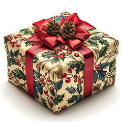 Square gift box wrapped in holly-patterned paper with a red ribbon and pine cone embellishment isolated on white.