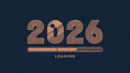 Stylized 2026 graphic with line art and a loading bar symbolizing the anticipation of a new year.