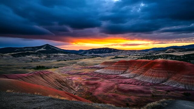 The evolution of rolling landforms under a dramatic, ever-changing sky, as the sunset creates a breathtaking contrast of cool and warm colors that seem to dance on the hills.
