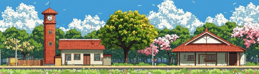 Naklejka premium Pixel art town scene with clock tower, houses, trees, and cherry blossoms. Use Background, wallpaper, social media post