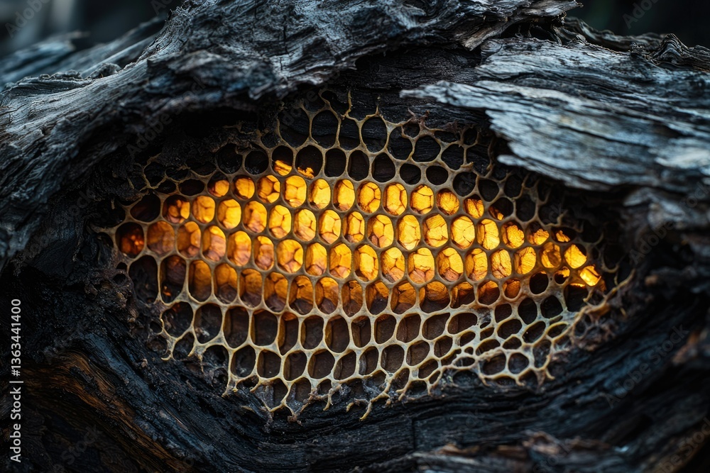 Poster glowing honeycomb embedded within a dark, charred tree trunk, a striking contrast of textures and co