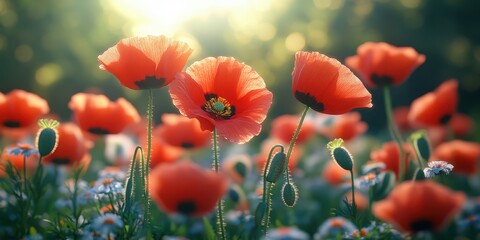 Obraz premium Vibrant red poppies bloom in a sunlit meadow surrounded by wildflowers during a warm spring afternoon