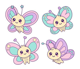 Kawaii butterflies, cute characters, kids illustrations, simple cartoon drawings
