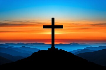 A majestic cross silhouetted against a vibrant sunset over rolling mountains, a symbol of hope and faith in a breathtaking landscape.