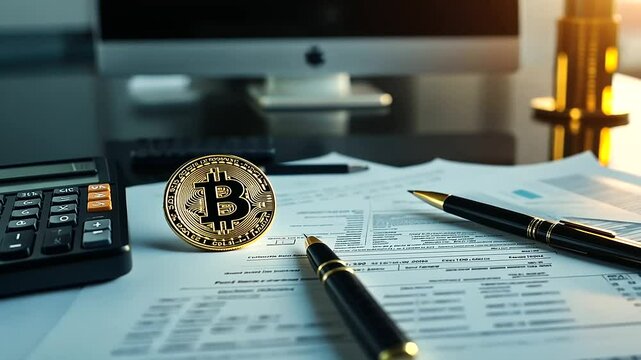 A black and gold Bitcoin coin on a desk filled with cryptocurrency tax forms, a high-end scientific calculator, and a pen resting nearby. Dramatic side lighting creates a moody eff