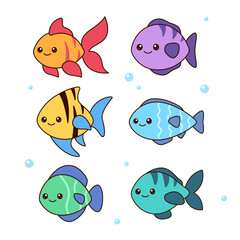 Kawaii fishes, set of simple cute cartoon drawings