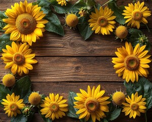 Obraz premium Rustic Wooden Background Decorated with Sunflowers