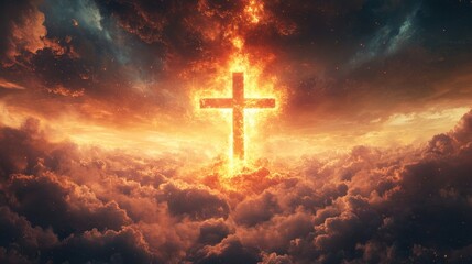Fototapeta premium Fiery cross in vibrant sunset sky amidst dramatic clouds—spiritual and majestic scene