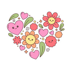 Kawaii retro vintage flowers and heart elements in a shape of a heart. Cute hippie cartoon drawing