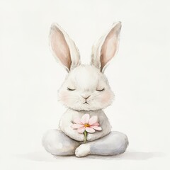 Obraz premium Cute rabbit sitting in a meditative pose holding a pink flower with closed eyes in a serene setting