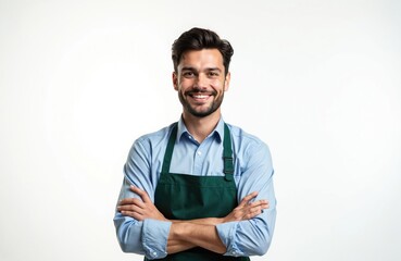Smiling supermarket worker in green apron with crossed arms isolated on white background. Happy grocery store employee. Retail staff, sales assistant, shop worker looking at camera ready to serve,