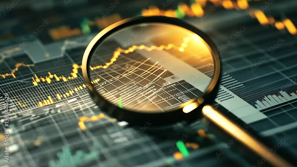 Poster a close-up of a magnifying glass highlighting a section of a financial report filled with stock mark