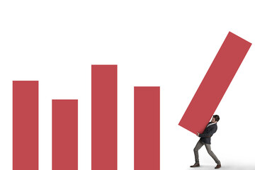 Man, studio and building a graph for stock report, economy market progress and white background. Business, accounting and professional with trading review, statistics and employee with price rates