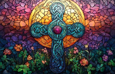 Stained Glass Celtic Cross with Flowers Against a Sunset Backdrop

