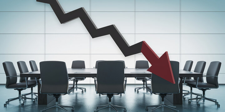 Empty conference room with dark chairs around a table, a large downward trending arrow symbolizes decline or crisis in business - Powered by Adobe
